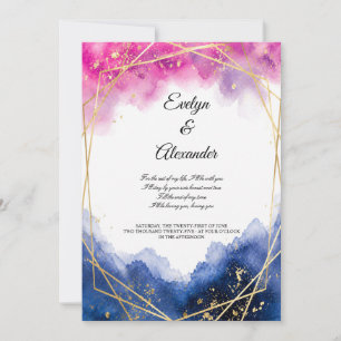 Convite Luxo Rosa Bege Azul Naval Moldura Dourada Aquarela