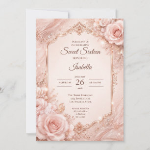 Convite Luxo Rosa Bege Dourado Floral Sweet 16