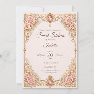 Convite Luxo Rosa Bege Dourado Laço de Renda Sweet 16