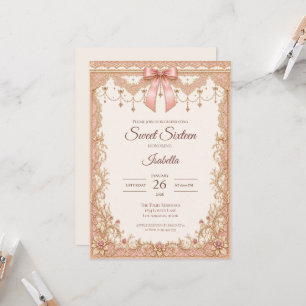 Convite Luxo Rosa Bege Dourado Laço de Renda Sweet 16