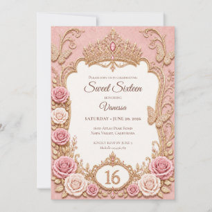 Convite Luxo Rosa Bege Dourado Princesa Doce 16