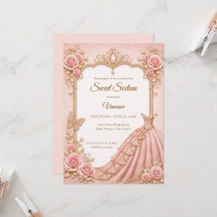 Convite Luxo Rosa Bege Dourado Princesa Doce 16