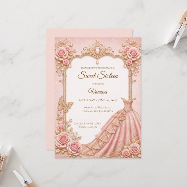 Convite Luxo Rosa Bege Dourado Princesa Doce 16 (Frente/Verso In Situ)