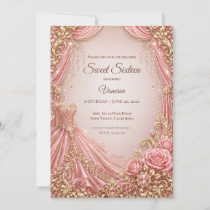 Convite Luxo Rosa Bege Dourado Princesa Doce 16