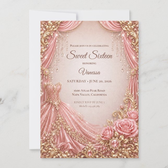 Convite Luxo Rosa Bege Dourado Princesa Doce 16 (Frente)