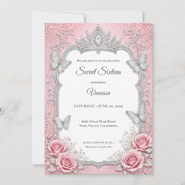 Convite Luxo Rosa Bege Prata Princesa Doce 16 (Frente)