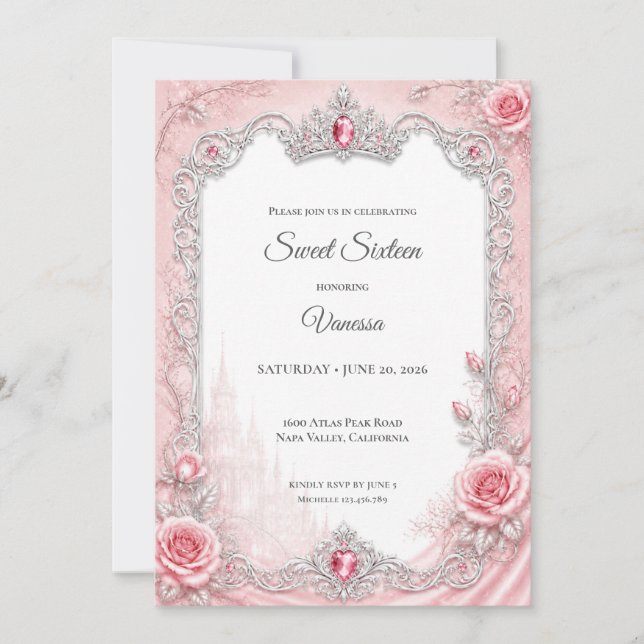 Convite Luxo Rosa Bege Prata Princesa Doce 16 (Frente)