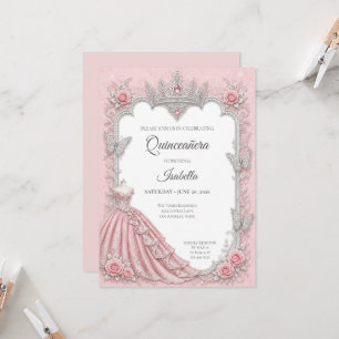 Convite Luxo Rosa Bege Prata Princesa Quinceañera