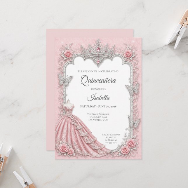 Convite Luxo Rosa Bege Prata Princesa Quinceañera (Frente/Verso In Situ)
