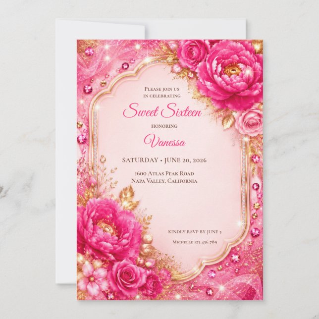 Convite Luxo Rosa Dourado Floral Doce 16 (Frente)
