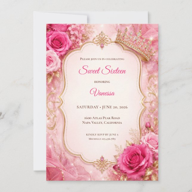Convite Luxo Rosa Dourado Floral Doce 16 (Frente)