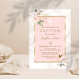 Convite Luxo Rosa Esmaga Douradas Flores Marble Baptism