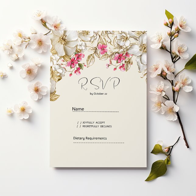 Convite Luxo rosa marfim branco flores RSVP  (Luxury ivory pink white gold flowers RSVP)