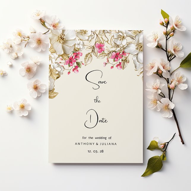 Convite Luxo rosa marfim branco flores Salve a Data (Luxury ivory pink white gold flowers Save the Date)