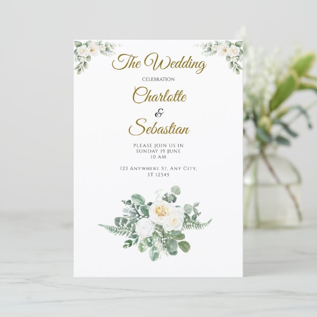 Convite Luxo Rosa Marfim Casamento Verde Dourado (Em pé/Frente)