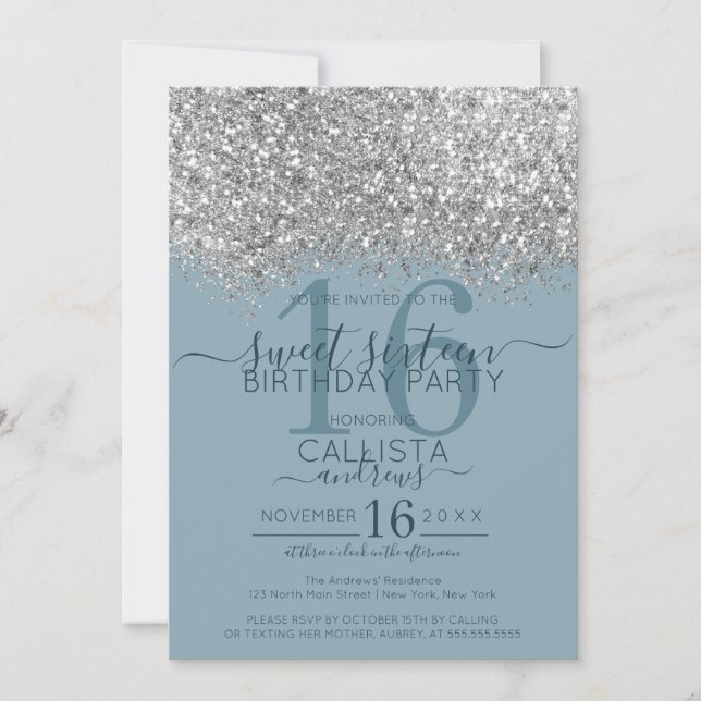 Convite Luxo Silver Blue Glitter Confetti Sweet 16 (Frente)