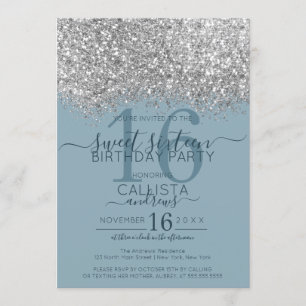 Convite Luxo Silver Blue Glitter Confetti Sweet 16