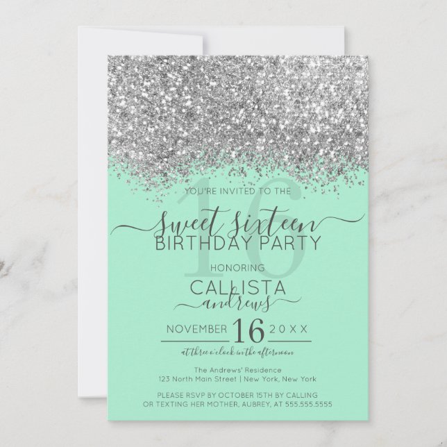 Convite Luxo Silver Neo Mint Glitter Confetti Sweet 16 (Frente)