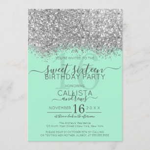 Convite Luxo Silver Neo Mint Glitter Confetti Sweet 16