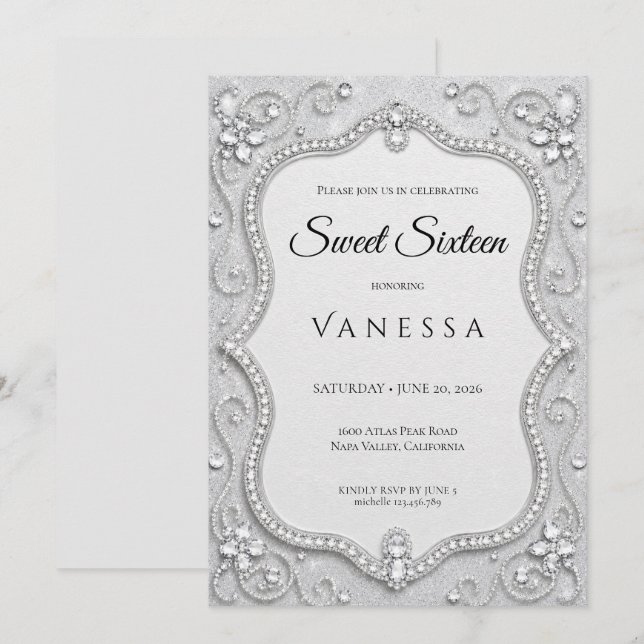 Convite Luxo Sweet 16 Brilho Cristais de Prata (Frente/Verso)
