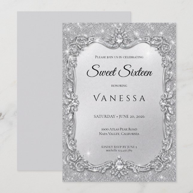 Convite Luxo Sweet 16 Brilho Cristais de Prata (Frente/Verso)