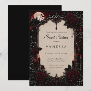 Convite Luxo Vermelho Escuro Gótico Sweet 16