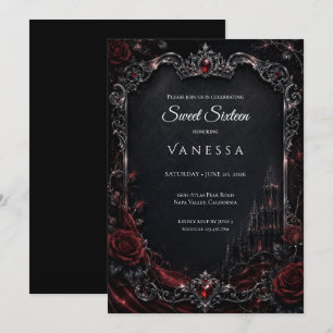 Convite Luxo Vermelho Escuro Gótico Sweet 16