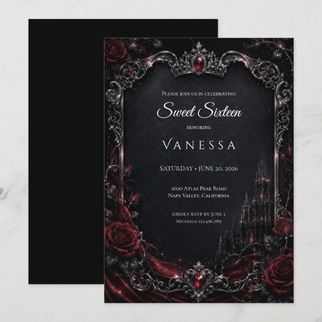 Convite Luxo Vermelho Escuro Gótico Sweet 16 (Frente/Verso)