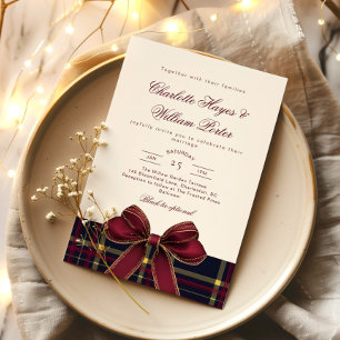 Convite Luxo xadrez Bow Burgundy Inverno Casamento