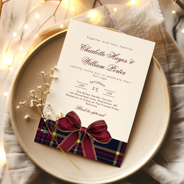 Convite Luxo xadrez Bow Burgundy Inverno Casamento (Criador carregado)