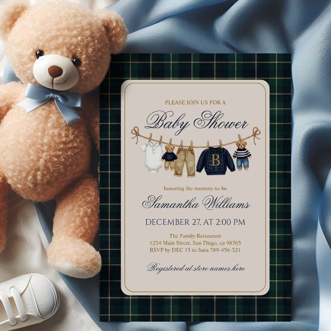 Convite Luxsary Teddy Bear Plaid Baby Shower  (Criador carregado)