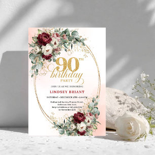 Convite Luxuosas Peônias Marrom Eucalipto 90º Aniversário