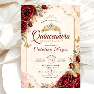 Convite Luxuosas Rosas Vermelhas e Douradas Quinceañera