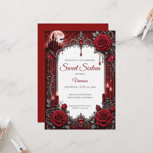 Convite Luxuosas Rosas Vermelhas Sweet 16 (Frente/Verso In Situ)