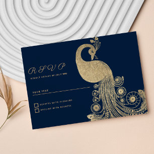 Convite Luxuoso azul dourado real pavão elegante RSVP
