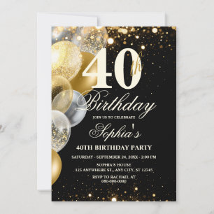 Convite Luxuoso Balão Preto Dourado Brilho Aniversário Qua