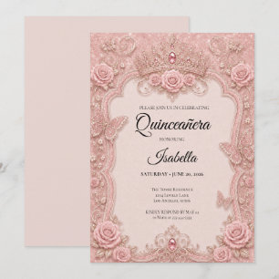 Convite Luxuoso Borboletas Rosa Floral Quinceañera