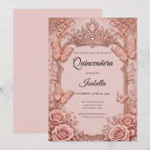 Convite Luxuoso Borboletas Rosa Floral Quinceañera