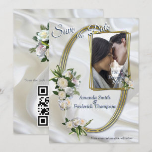 Convite Luxuoso, Branco, Seda Fluindo & Rosas Brancas.
