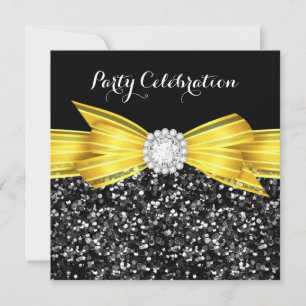 Convite Luxuoso Brilhante Amarelo Laço Preto Diamante Fest
