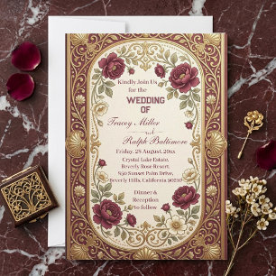 Convite Luxuoso Casamento de Rosas Bordeaux Ouro Art Nouve