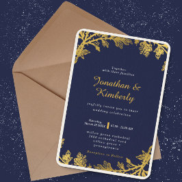 Convite Luxuoso Casamento Floral Azul Marinho e Dourado