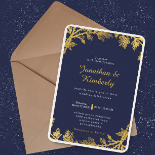 Convite Luxuoso Casamento Floral Azul Marinho e Dourado
