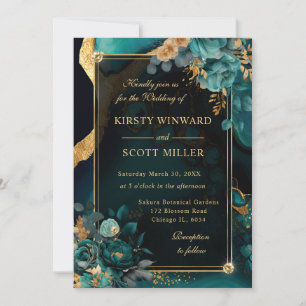Convite Luxuoso Casamento Floral de Rosa de Ágata em Azul