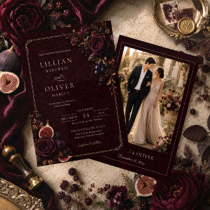 Convite Luxuoso Casamento Floral de Veludo Borgonha em Fot