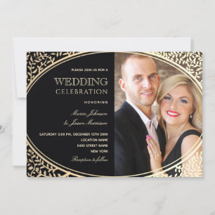 Convite Luxuoso Casamento Fotográfico Preto e Dourado