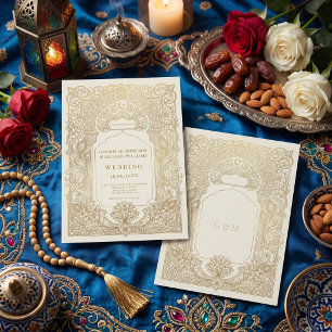 Convite Luxuoso Casamento Muçulmano Damasco Árabe Dourado
