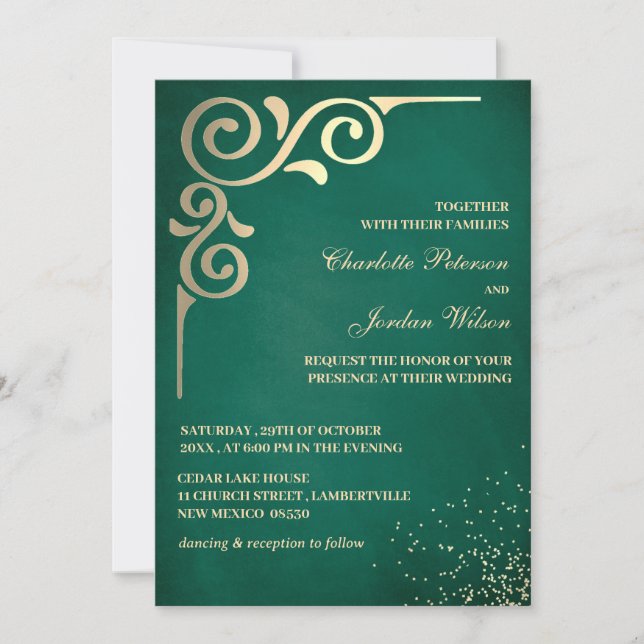 Convite Luxuoso Casamento Verde Esmeralda e Dourado (Frente)
