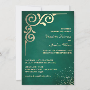 Convite Luxuoso Casamento Verde Esmeralda e Dourado