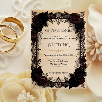 Convite Luxuoso Casamento Vitoriano de Renda Preta com Rom